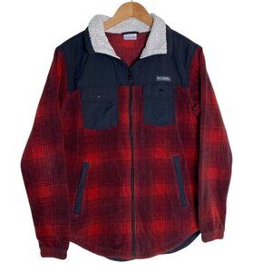 Columbia Mens Red & Black Plaid Sherpa Lined Fleece Jacket Size‎ M